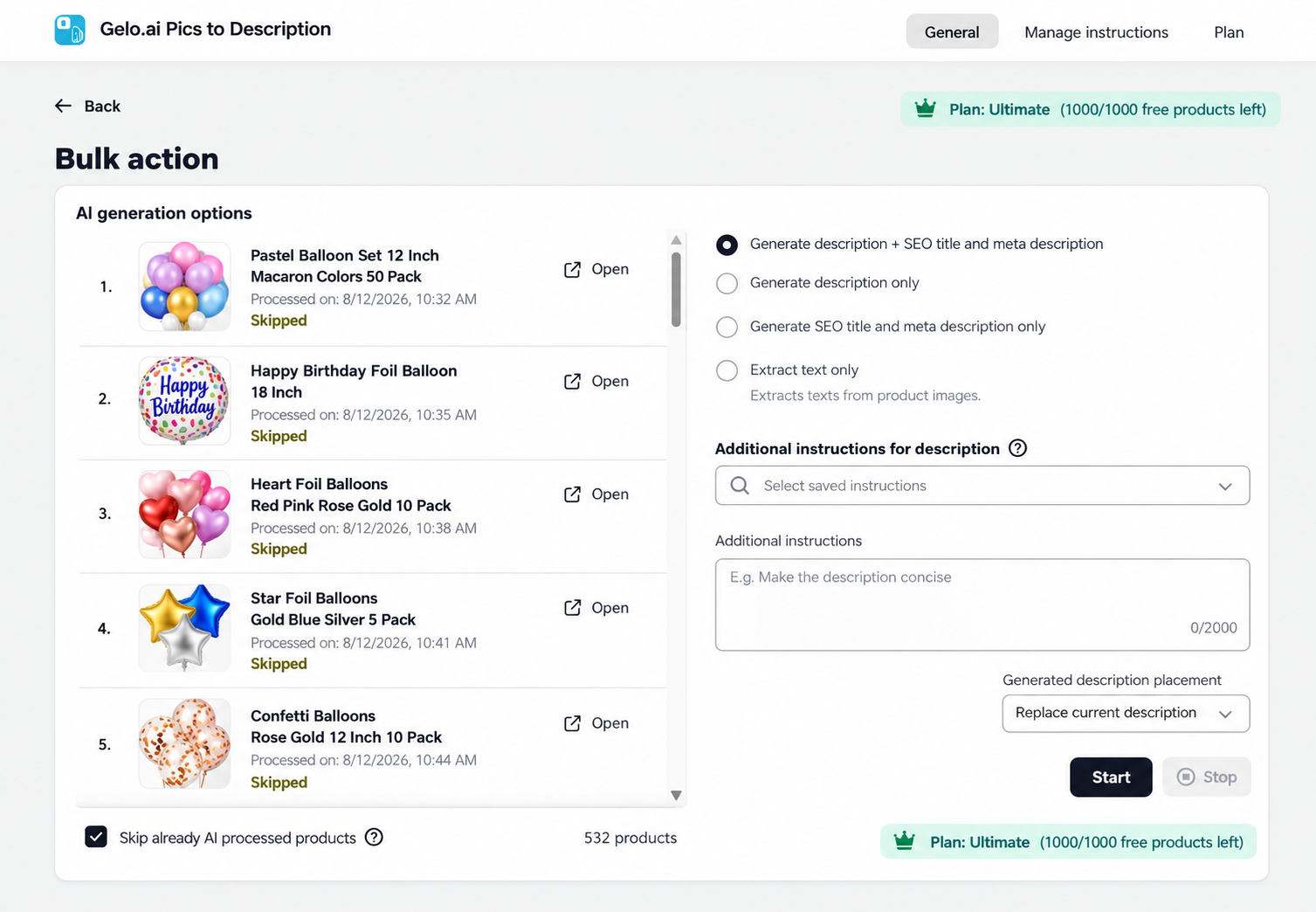 Pics to Description bulk product generation interface with the option to skip already AI-processed products
