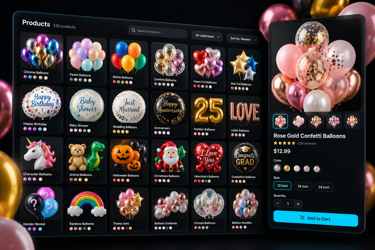 Large Shopify product catalog showing multiple balloon products and product variations