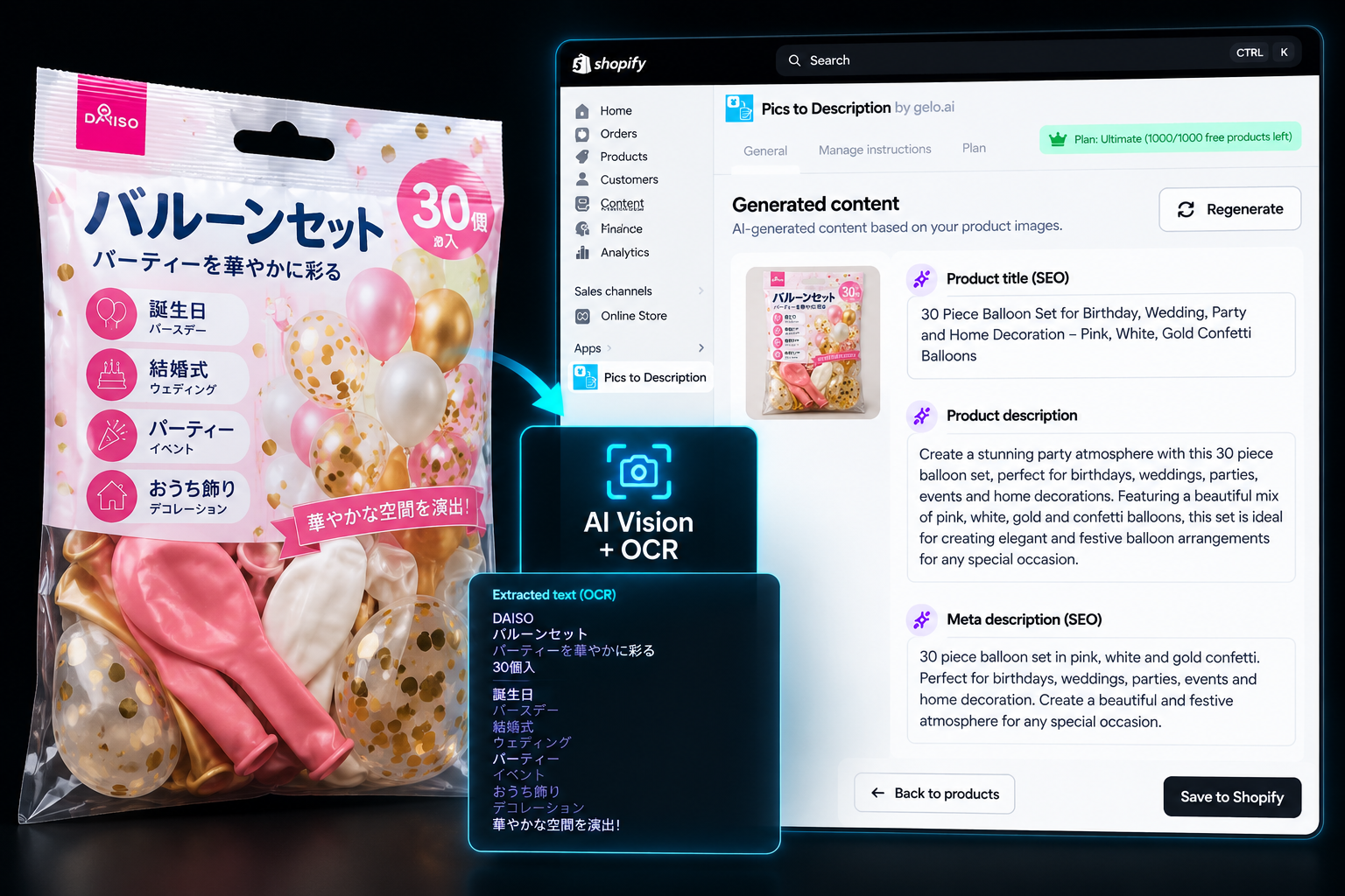 Pics to Description AI Vision and OCR multilingual product example